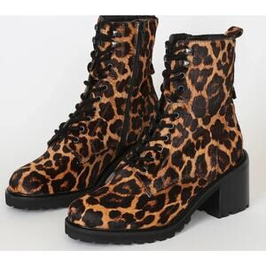 Seychelles Irresistible Leopard Pony Hair Leather Mid-Calf Lace-Up Boots Sz 8.5
